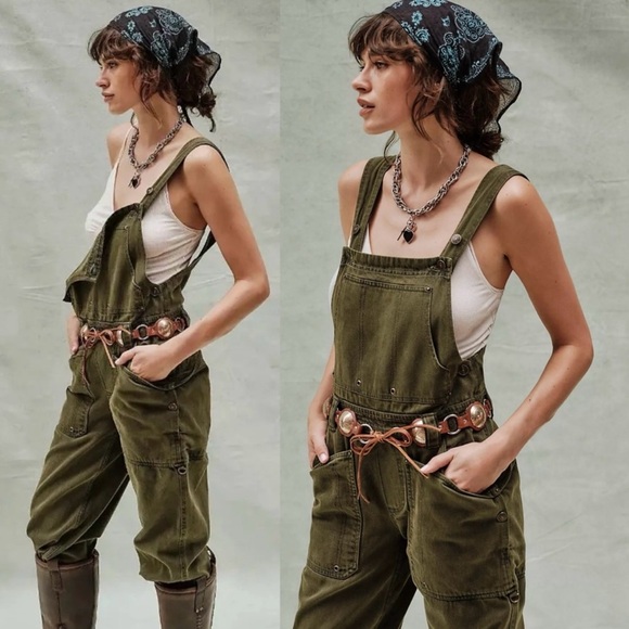 (NWOT) Free People Just In Time Overalls Olive Green Size M - Picture 1 of 14